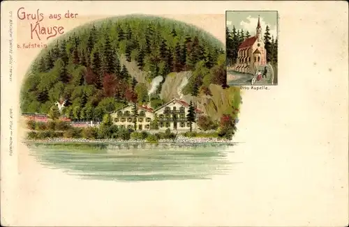 Litho Kufstein in Tirol, Blick über den Fluss auf das Gasthaus Klause, Ansicht der Otto Kapelle