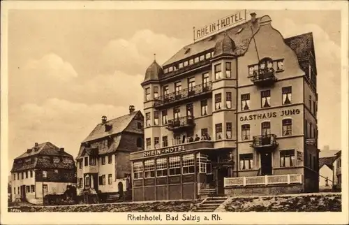 Ak Bad Salzig Boppard im Rhein Hunsrück Kreis, Blick auf das Rheinhotel und Gasthaus Jung