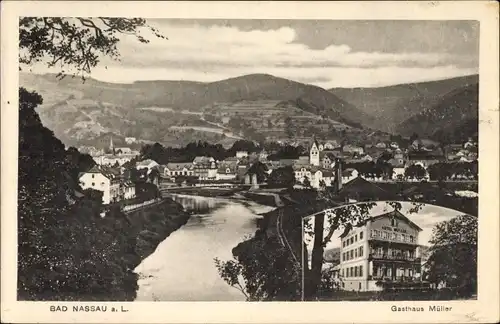 Ak Nassau im Rhein Lahn Kreis, Panorama vom Ort und der Umgebung, Gasthaus Müller