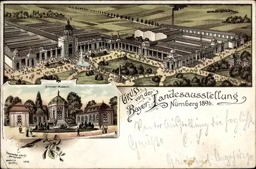 Litho Nürnberg in Mittelfranken Bayern, Bayerische Landesausstellung 1896, Panorama vom Gelände