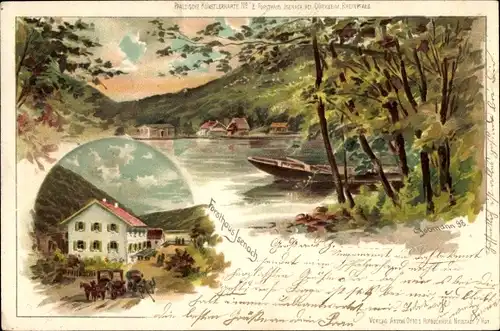 Künstler Litho Jobmann, C., Bad Dürkheim am Pfälzerwald, Forthaus Isenach, See mit Ruderboot