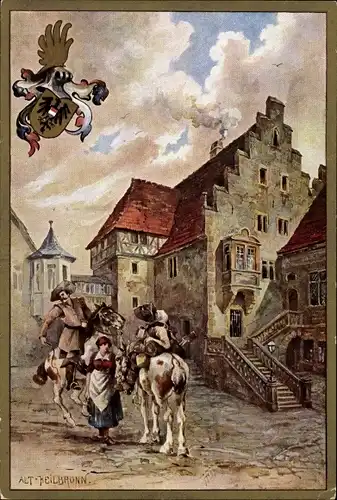 Passepartout Wappen Ak Heilbronn in Baden Württemberg, Reiter und Magd vor einem alten Gebäude