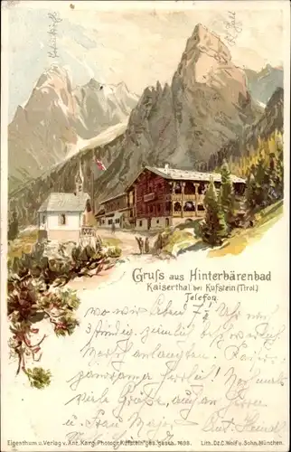 Litho Kufstein in Tirol, Blick auf die Unterkunftshütte Hinterbärenbad im Kaiserthal