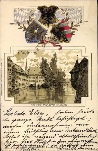 Präge Wappen Litho Nürnberg in Mittelfranken Bayern, Partie an der Museumsbrücke, Henkersteg