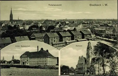 Ak Gladbeck im Ruhrgebiet, Blick über die Dächer der Stadt, Städt. Badeanstalt, Rathaus