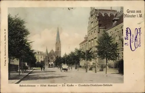 Ak Münster in Westfalen, Bahnhofstraße, Hotel Monpol, Evang. Kirche, Eisenbahndirektionsgebäude