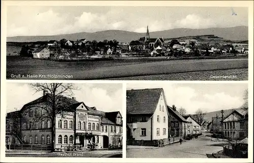 Ak Halle Kr. Holzminden im Weserbergland, Gesamtansicht von der Ortschaft, Gasthof Brand