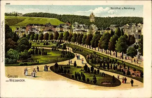 Litho Wiesbaden in Hessen, Nerotal und Neroberg, Parkanlagen, Spaziergänger