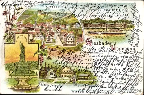 Litho Wiesbaden in Hessen, Sonnenberg, Niederwalddenkmal, Fischzuchtanstalt, Schloss Biebrich