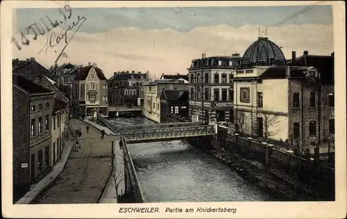 Ak Eschweiler, Flusspartie am Knickertsberg, Brücke, Glockenspiel, Geschäftshäuser, Post