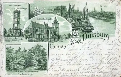 Litho Duisburg, Wasserturm Kaiserberg, Salvatorkirche, Hafen, Segelschiffe, Curtiusdenkmal, Brücke