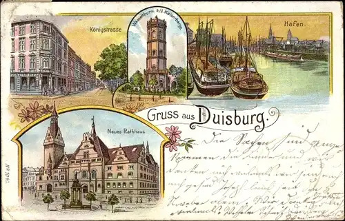 Litho Duisburg im Ruhrgebiet, Königstraße, Wasserturm Kaiserberg, Hafen, Neues Rathaus