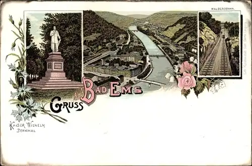 Litho Bad Ems im Rhein Lahn Kreis, Kaiser Wilhelm Denkmal, Malbergbahn, Standseilbahn, Panorama