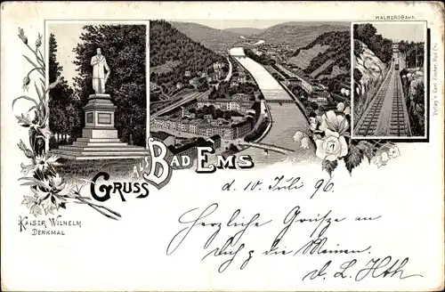 Litho Bad Ems im Rhein Lahn Kreis, Kaiser Wilhelm Denkmal, Malbergbahn, Standseilbahn