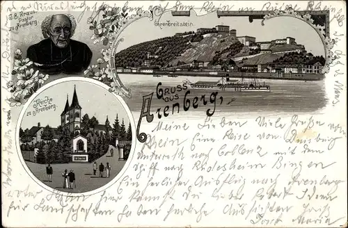 Litho Arenberg Koblenz, Pastor J. B. Kraus, Kirche, Panorama mit Ehrenbreitstein