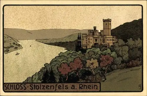 Steindruck Ak Stolzenfels Koblenz in Rheinland Pfalz, Blick auf das Schloss und das Rheintal