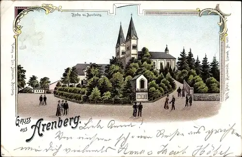 Litho Arenberg Koblenz in Rheinland Pfalz, Straßenansicht der Kirche, Passanten