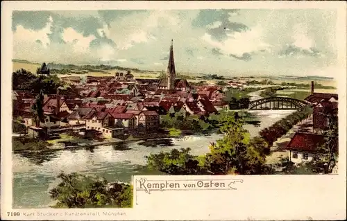 Litho Kempten im Allgäu Schwaben, Stadtpanorama von Osten, Brücke, Kirche