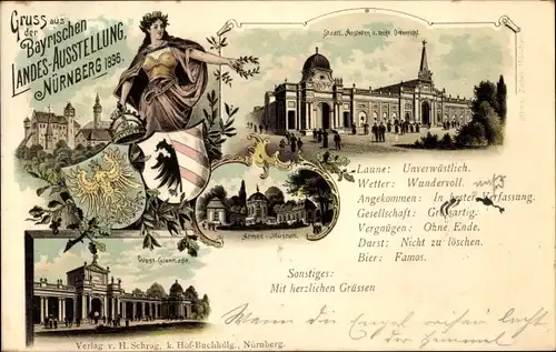 Litho Nürnberg, Bayrische Landesausstellung 1896, Westcolonnade, Staatl. Anstalten, Armeemuseum