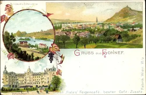 Litho Bad Honnef, Rolandseck, Siebengebirge, Panorama, Hohenhonnef, Zudruck Fialas Feigencafe