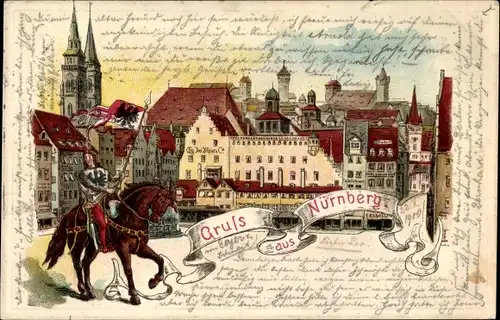 Präge Litho Nürnberg in Mittelfranken, Platz mit Geschäftshäusern, Jos. Meier & Co., Ritter