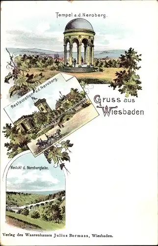 Litho Wiesbaden in Hessen, Tempel auf dem Neroberg, Restauration, Viadukt der Nerobergbahn