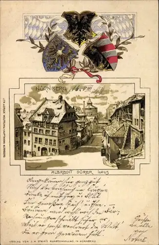 Präge Wappen Passepartout Litho Nürnberg, Albrecht Dürer Haus, Straßenpartie