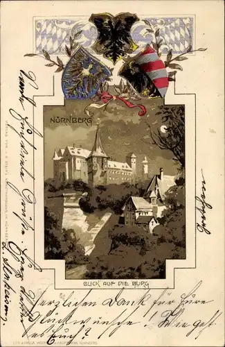 Präge Wappen Passepartout Litho Nürnberg, Blick auf die Burg