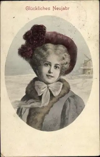Ak Glückwunsch Neujahr, Portrait einer jungen Frau mit Hut vor einer Windmühle, BKWI 696 5