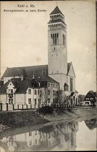 Ak Kehl am Rhein Ortenaukreis Baden Württemberg, Rosengartenstraße mit kath. Kirche