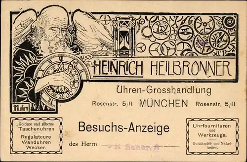 Künstler Ak Lilien, J.M., München, Uhren Großhandlung Heinrich Heilbronner, Rosenstraße 5