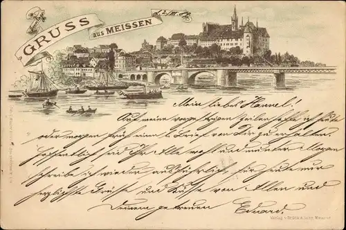 Vorläufer Litho Meißen in Sachsen, Blick von der Elbe zur Albrechtsburg, Brücke