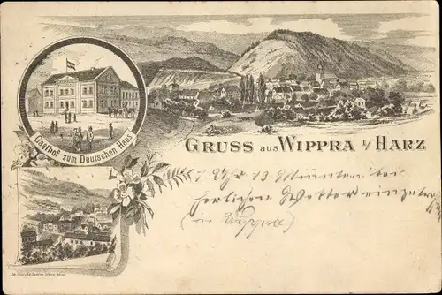 Vorläufer Litho Wippra Sangerhausen am Harz, Gasthof zum Deutschen Haus, Panorama