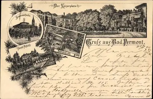 Vorläufer Litho Bad Pyrmont in Niedersachsen, Kaiserplatz, Brunnenhalle, Schloss, Helenenquelle