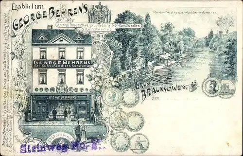 Litho Braunschweig in Niedersachsen, Kunsthändler George Behrens, Steinweg 27, Monumentplatz, Boote