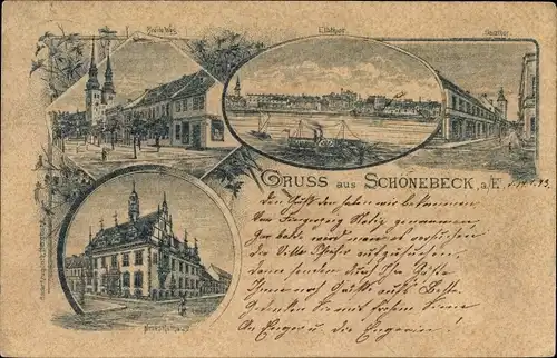 Vorläufer Litho Schönebeck an der Elbe, Breite Weg, Elbtor, Salztor, Neues Rathaus