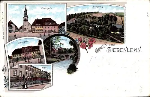 Litho Siebenlehn Großschirma in Sachsen, Romanus, Ratskeller, Schule, Zollhaus