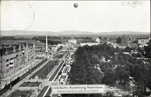 Ak Mannheim in Baden Württemberg, Jubiläums Ausstellung 1907, Gesamtübersicht, Fesselballon