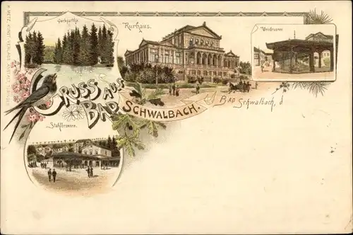 Vorläufer Litho Bad Schwalbach im Rheingau Taunus Kreis, Stahlbrunnen, Weinbrunnen, Kurhaus