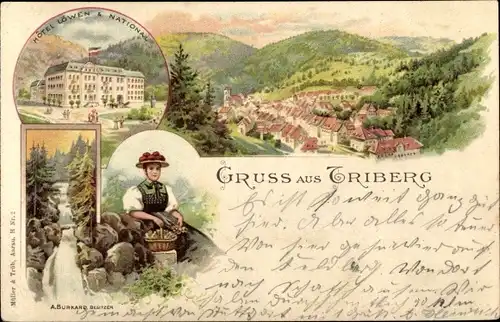 Litho Triberg im Schwarzwald, Hotel Löwen und National, Frau in Volkstracht, Wasserfall