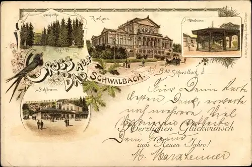 Litho Bad Schwalbach im Rheingau Taunus Kreis, Stahlbrunnen, Kurhaus, Weinbrunnen, Parkpartie