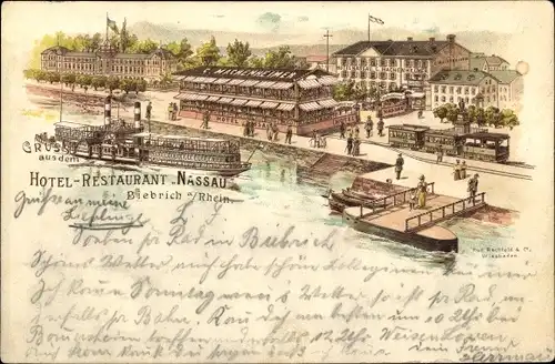 Litho Biebrich am Rhein Wiesbaden, Hotel Restaurant Nassau, Bes. C. Machenheimer, Dampfer Friede