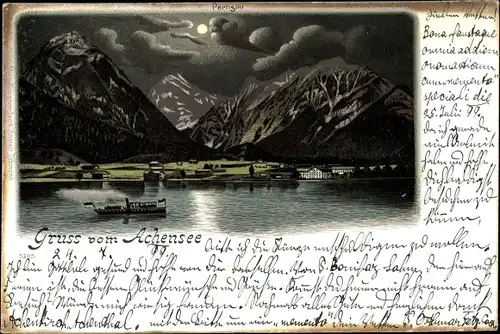 Mondschein Litho Eben am Achensee in Tirol, Blick auf den Ort vom Wasser aus, Dampfer, Pertisau