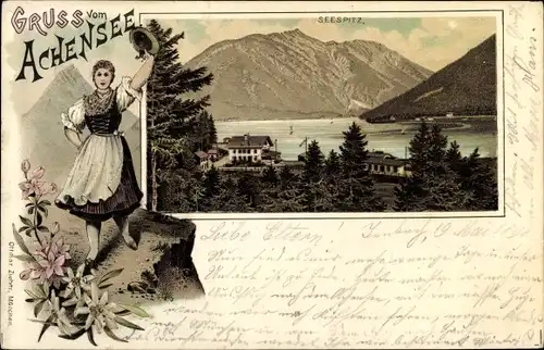 Litho Maurach Eben am Achensee in Tirol, Seespitz, Panorama vom Ort, Frau in Volkstracht