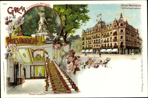 Litho Wiesbaden in Hessen, Hotel Metropole, Wilhelmstraße, Vestibül, Brunnen im Wintergarten