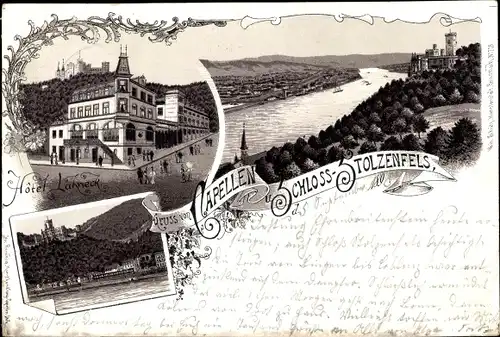 Litho Stolzenfels Koblenz in Rheinland Pfalz, Capellen, Hotel Lahneck, Schloss, Rheinpartie