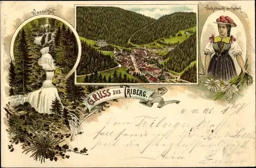 Litho Triberg im Schwarzwald, Wasserfall, Volkstracht von Gutach, Ortschaft mit Landschaftsblick