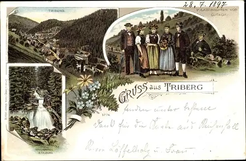 Litho Triberg im Schwarzwald, Wasserfall, Volkstrachten von Gutach, Panorama vom Ort