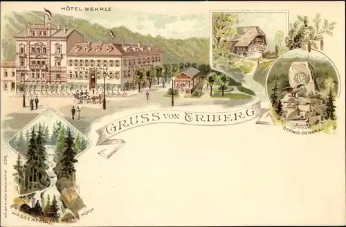 Litho Triberg im Schwarzwald, Hotel Wehrle, Wasserfall, Gerwig Denkmal