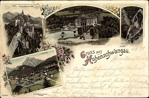 Litho Hohenschwangau Schwangau im schwäbischen Kreis Ostallgäu, Schloss Neuschwanstein, Füssen